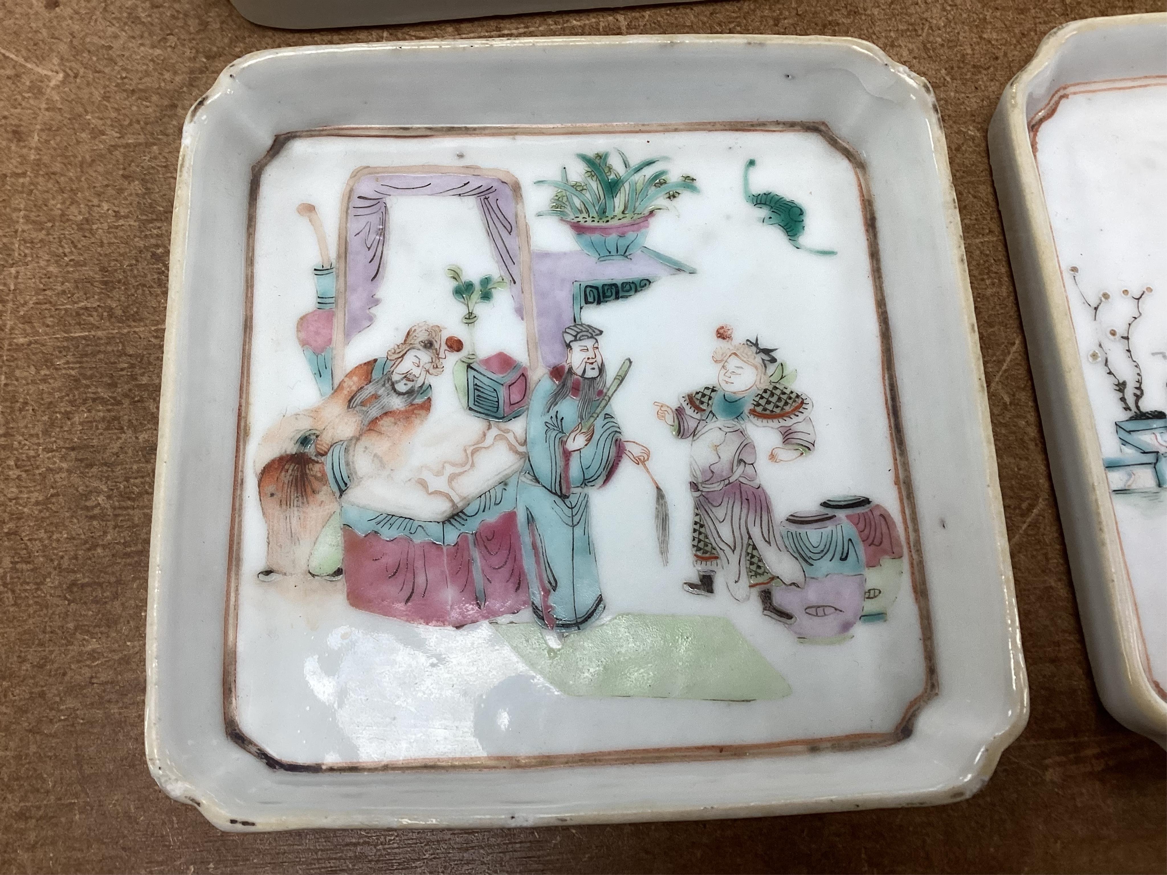 A set of four Chinese famille rose square dishes, late 19th century, and a carved wood pouring vessel, dishes 13.5cm square
